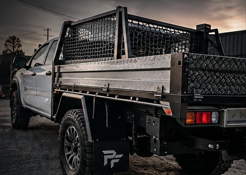 Custom truck deck with a mesh headboard, shown in the design reference